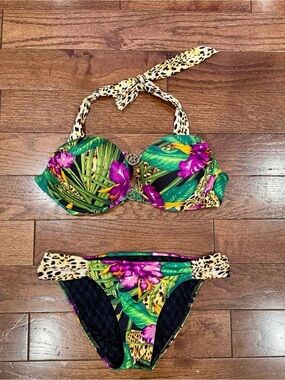 Victoria’s Secret  push up Tropical Floral Bandeau Bikini Leopard Accents